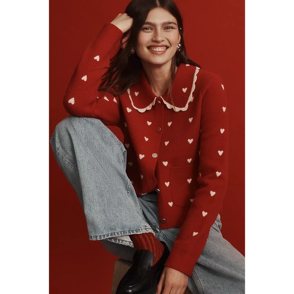 Anthropologie Sweaters - Anthropologie NVLT Heart Coatigan Knit Jacket Cardigan XXS Red Peter Pan Collar